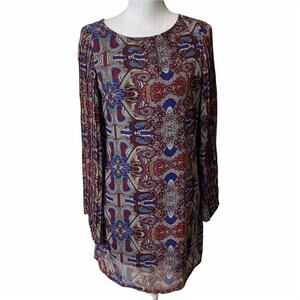 Love, Fire Boho Longsleeve Women Medium Blue Maroon Dress